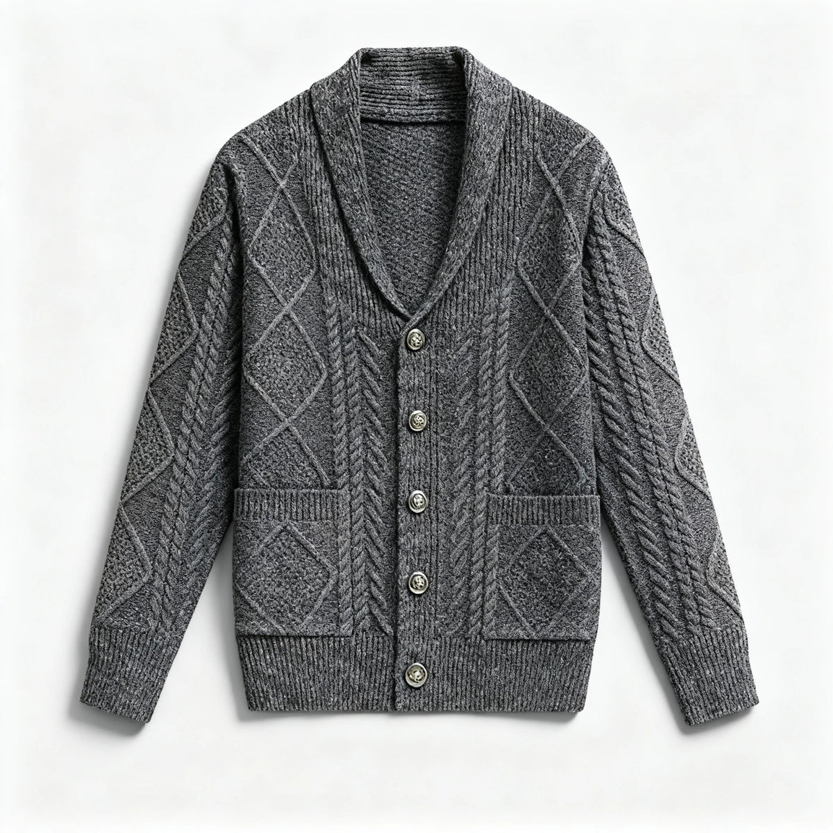 Men's wool cable knit cardigan, alternate angle