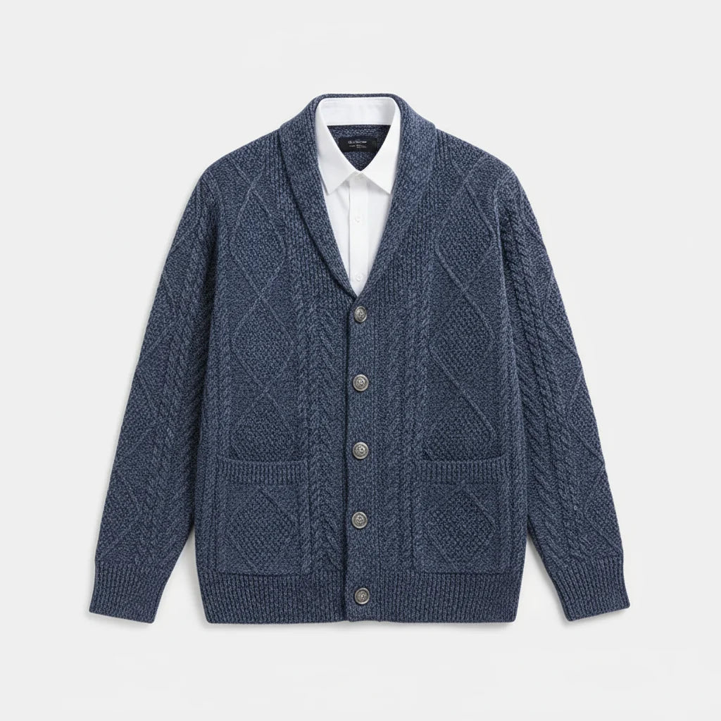 Flatlay of the men's wool cable knit cardigan