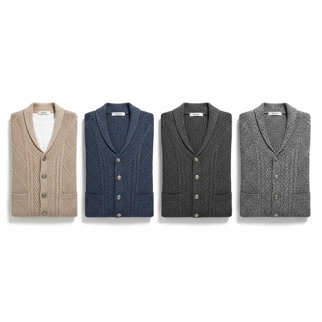 Close-up of the wool knit pattern on the men's cardigan