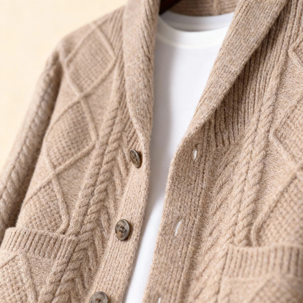 Men's wool cable knit cardigan in black with shawl collar