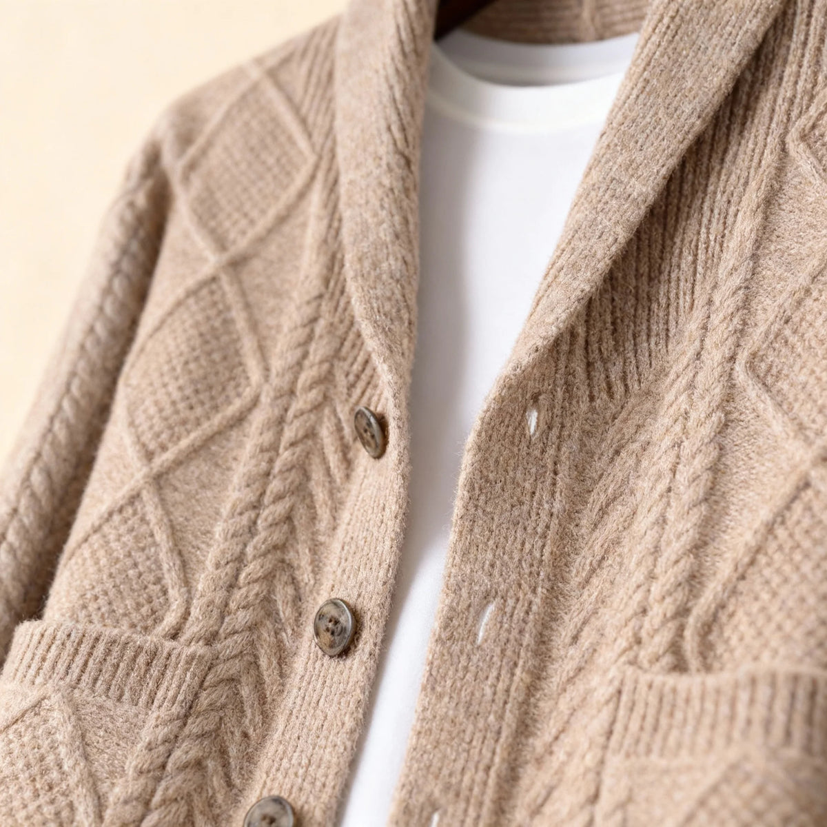 Men's wool cable knit cardigan in black with shawl collar