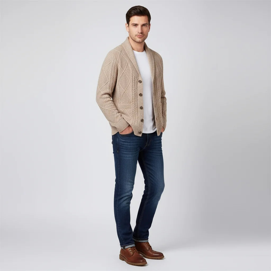 Men's wool cable knit cardigan in gray with shawl collar