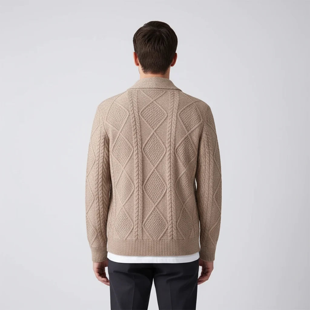 Men's wool cable knit cardigan in blue with shawl collar