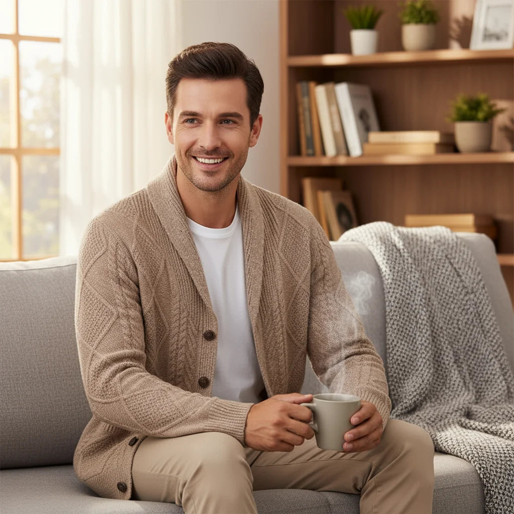Men's wool cable knit cardigan styled on model