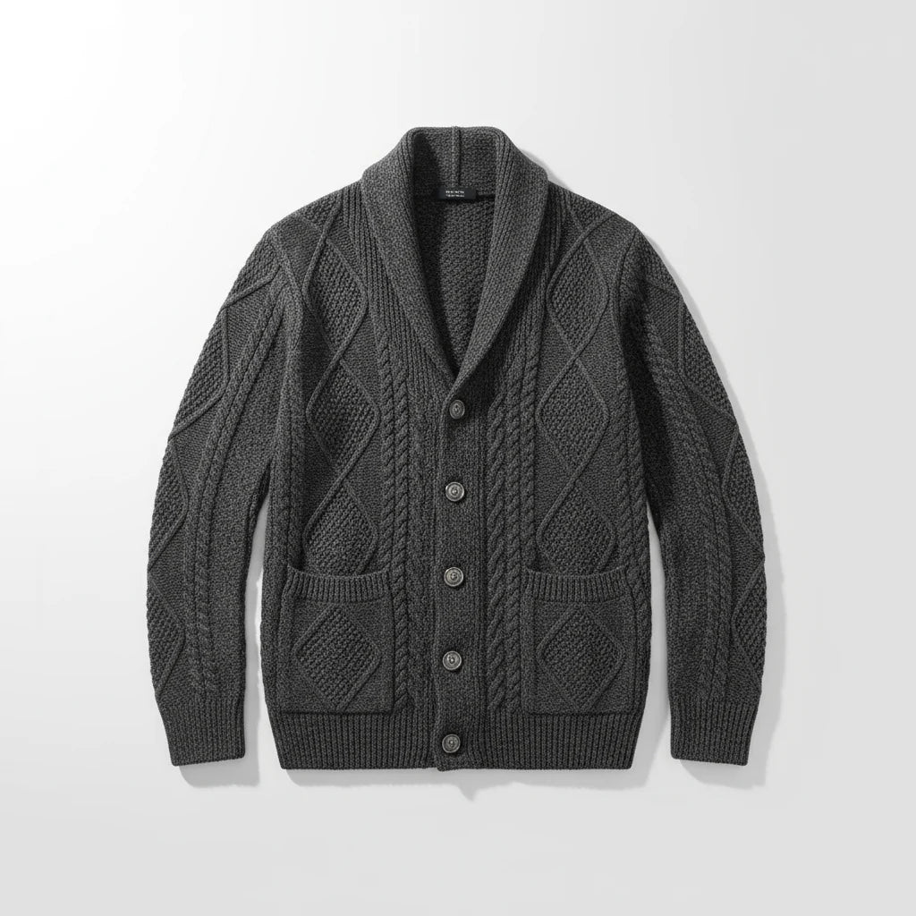 Back view of the men's wool cable knit cardigan