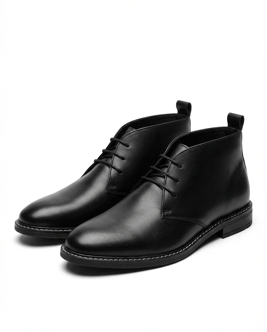 Men's smooth leather Chukka boots in black with solid-color sole
