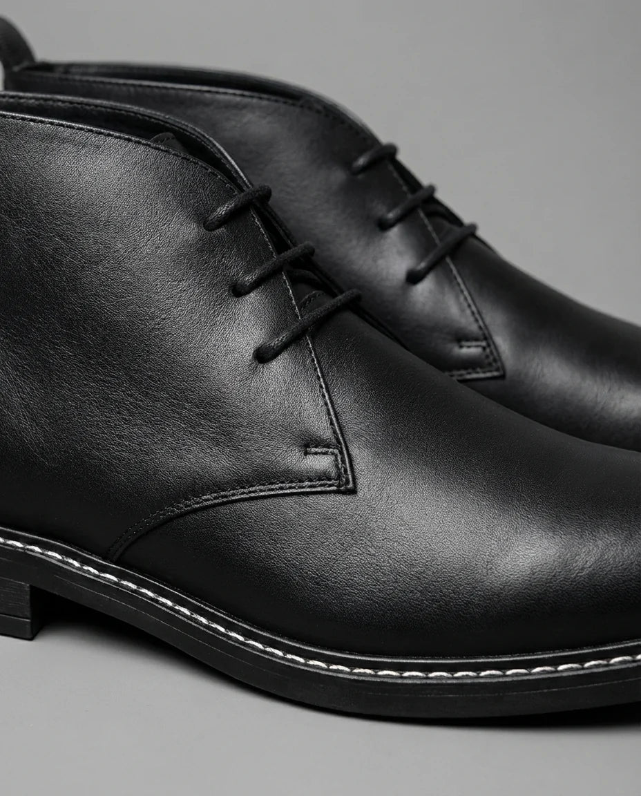 Close-up of the two-eyelet lacing on the black Chukka boots