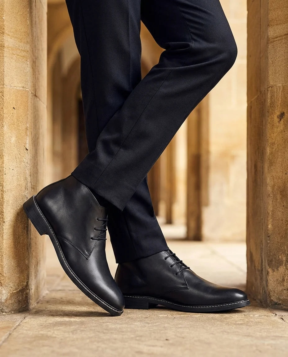 Side view of the men's black leather Chukka boots