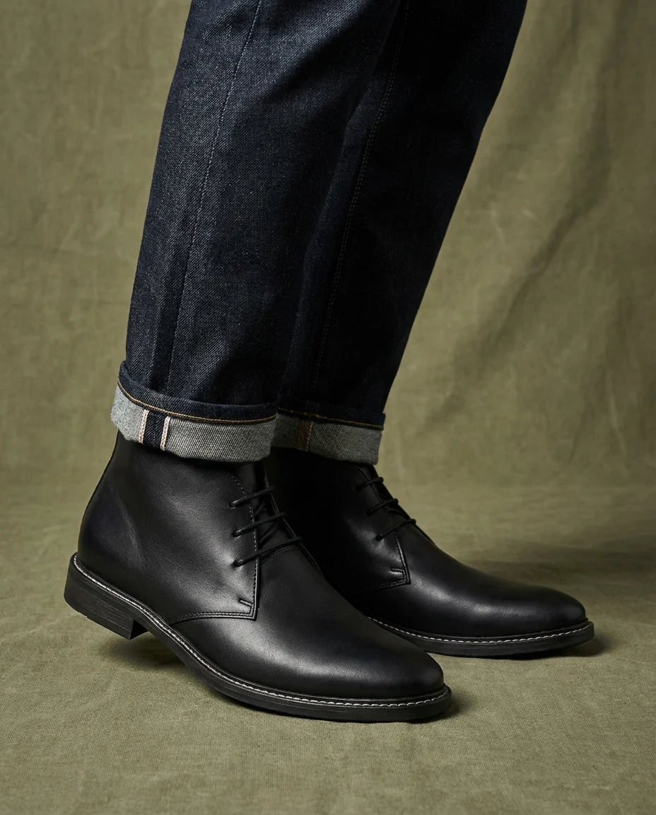 Men's smooth leather Chukka boots styled on foot