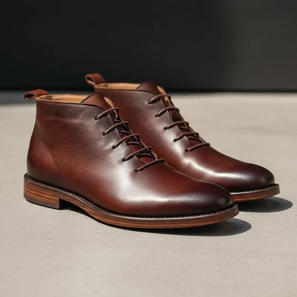 Close-up of the open lacing on the brown derby boots