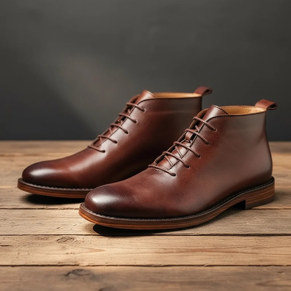 Men's leather derby boots in black with plain toe