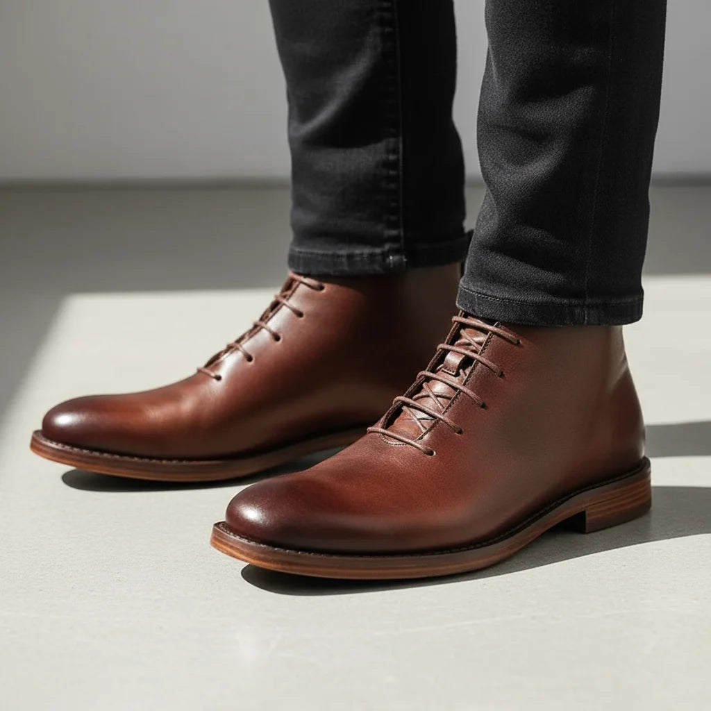 Men's leather derby boots styled on foot