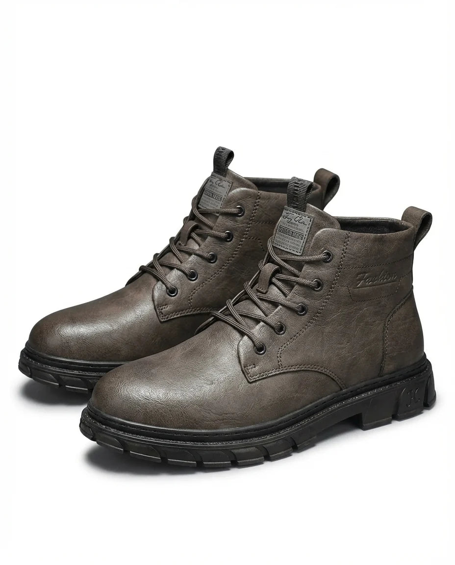 Men's grained leather work boots in brown with lug sole