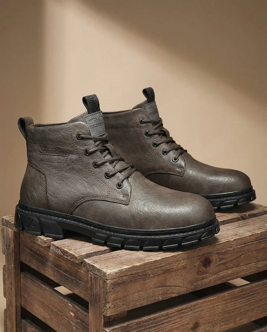 Close-up of the lug sole on the brown leather work boots