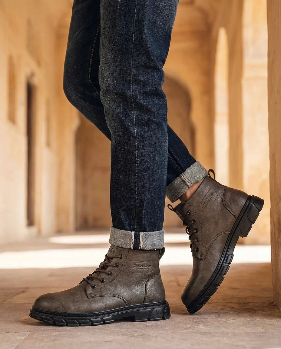 Close-up of the lug sole on the black leather work boots