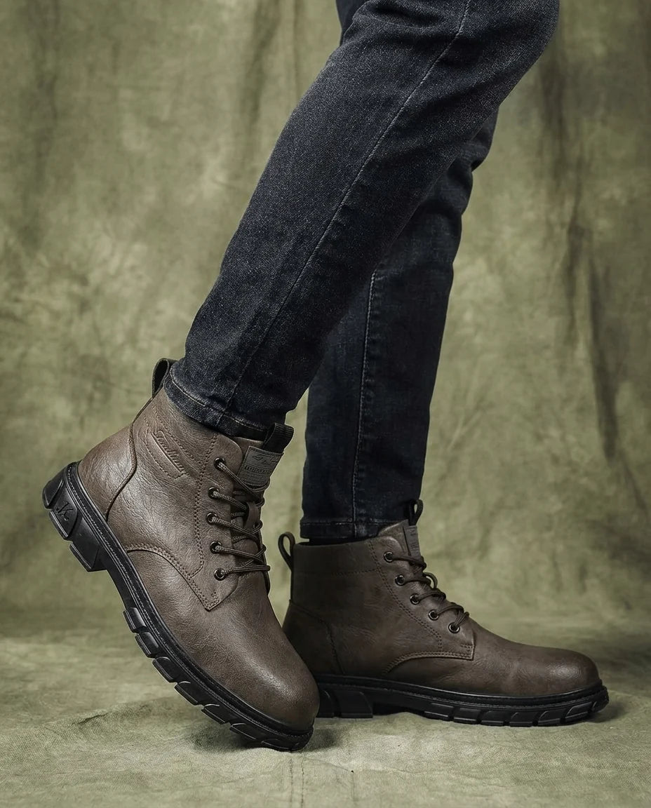 Close-up of the six-eyelet lacing on the men's work boots