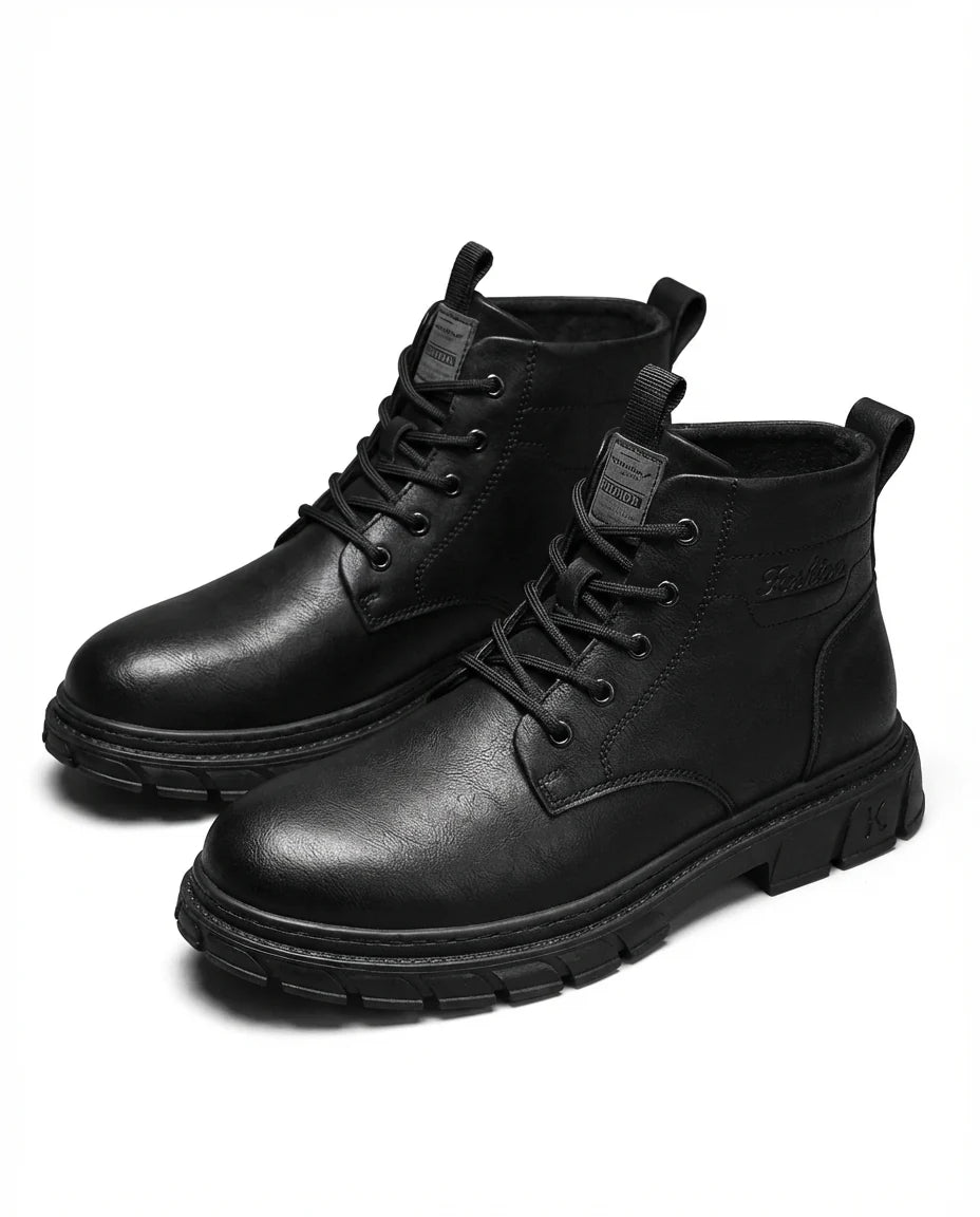 Men's grained leather work boots styled on foot