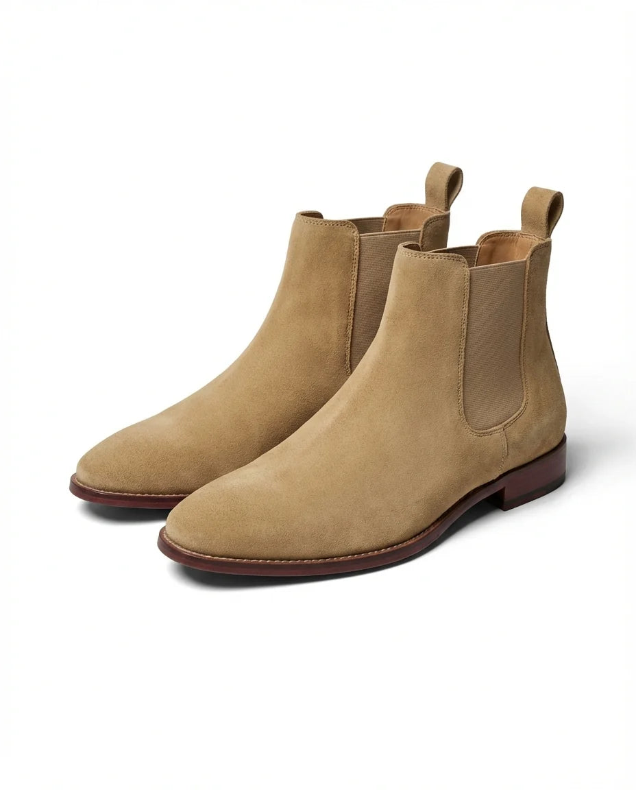 Men's suede Chelsea boots in sand with stacked wood-tone heel