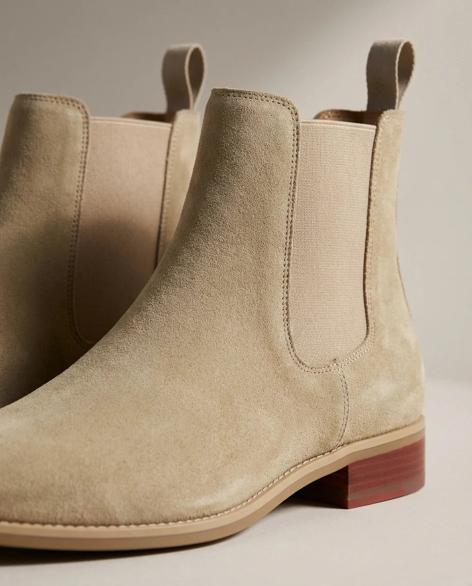 Close-up of the stacked heel on the sand suede Chelsea boots