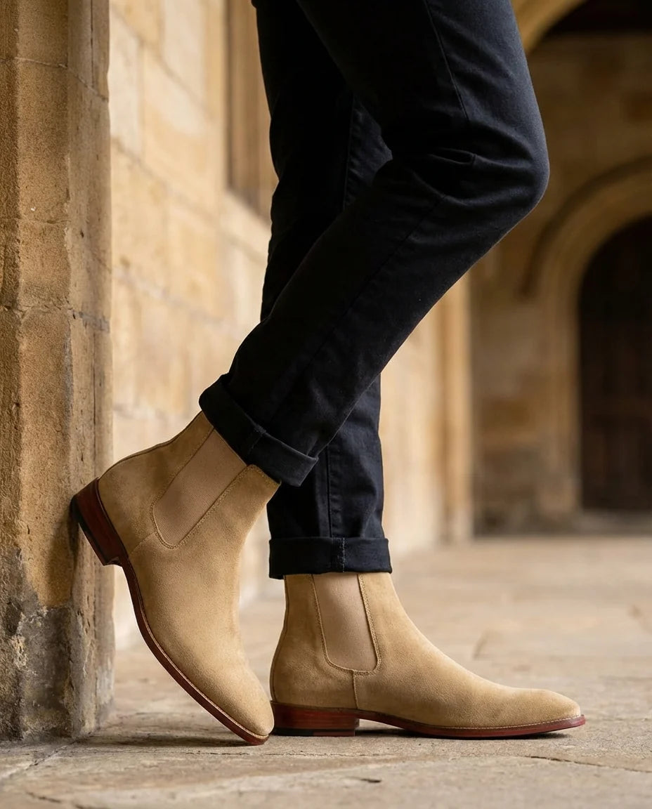 Men's suede Chelsea boots in black with stacked wood-tone heel