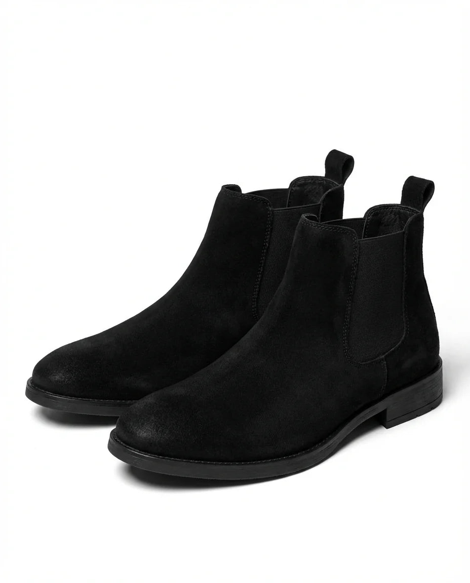 Men's suede Chelsea boots styled on foot