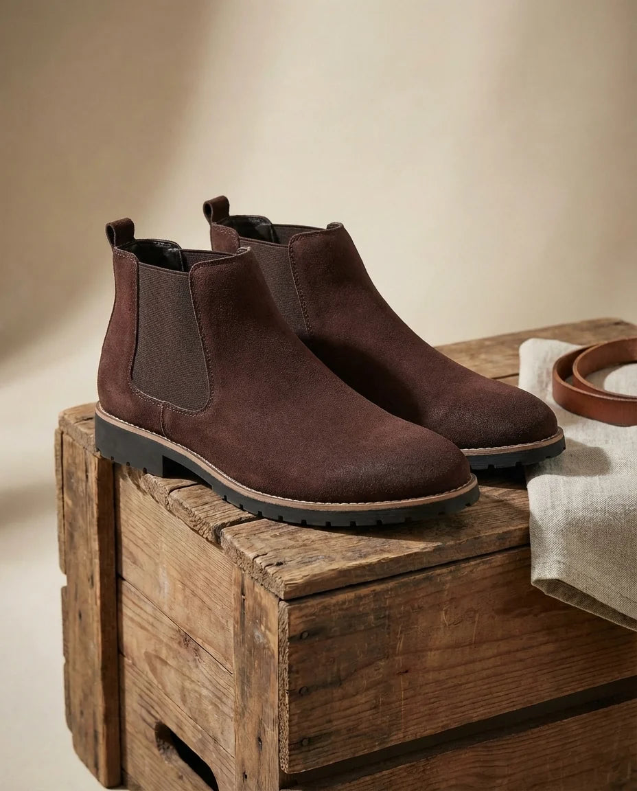 Close-up of the elastic side gore on the brown suede Chelsea boots