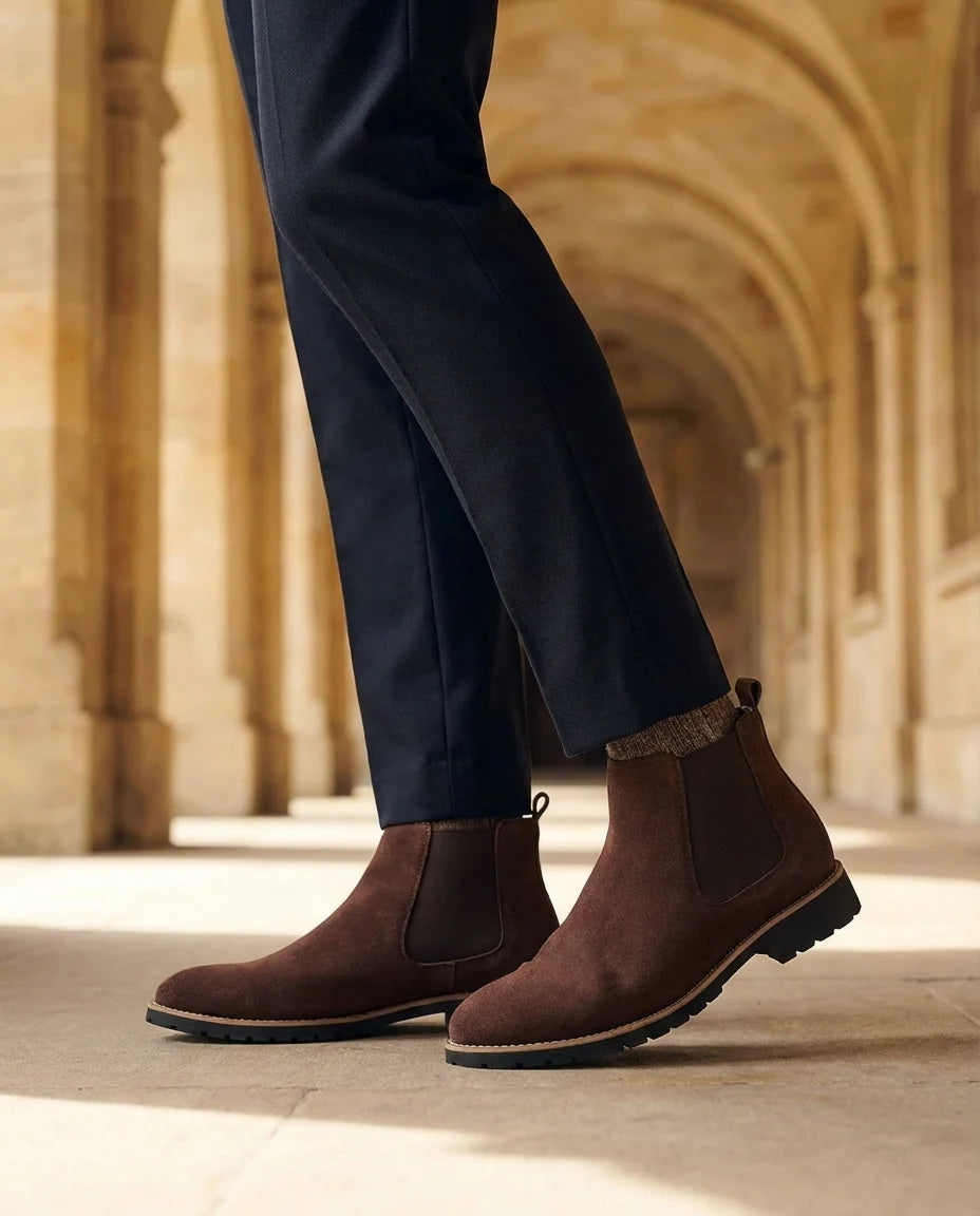 Close-up of the elastic side gore on the black suede Chelsea boots