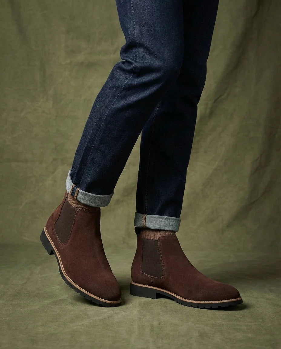Close-up of the contrast sole on the men's suede Chelsea boots