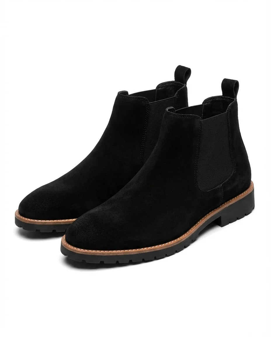 Men's suede Chelsea boots styled on foot
