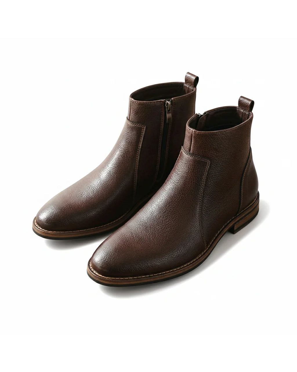 Men's dark brown almond toe Chelsea boots with side zip