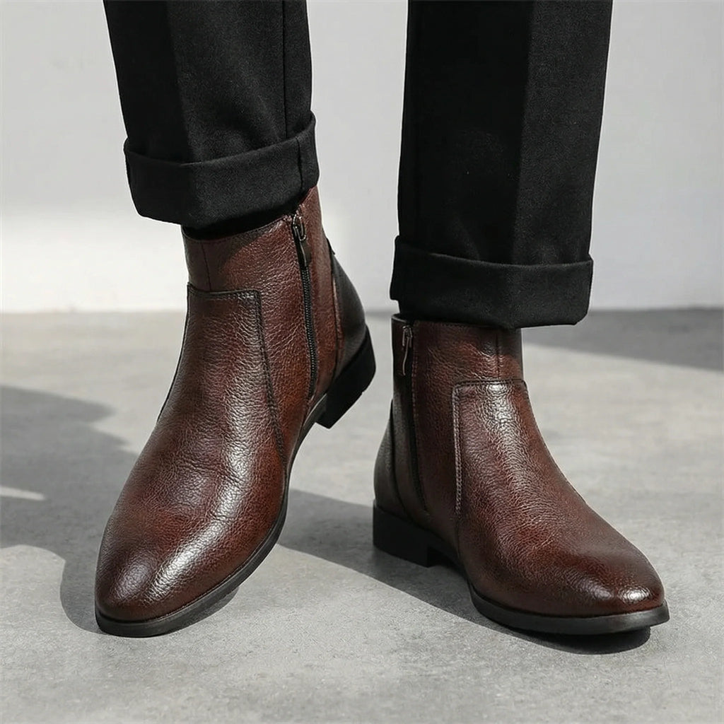 Men's almond toe Chelsea boots, side zip detail