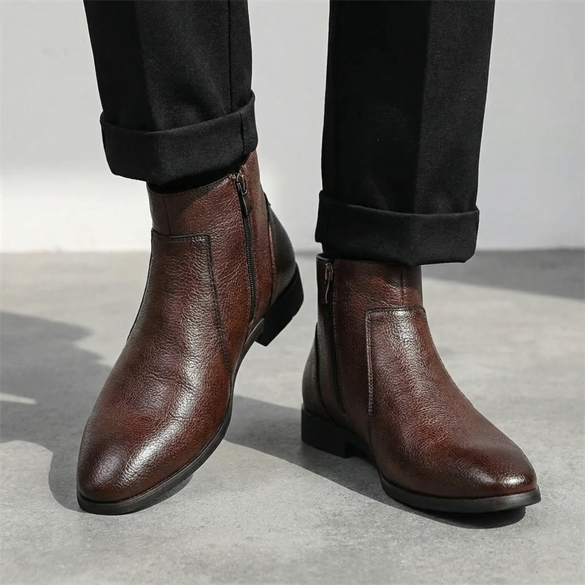 Men's almond toe Chelsea boots, side zip detail