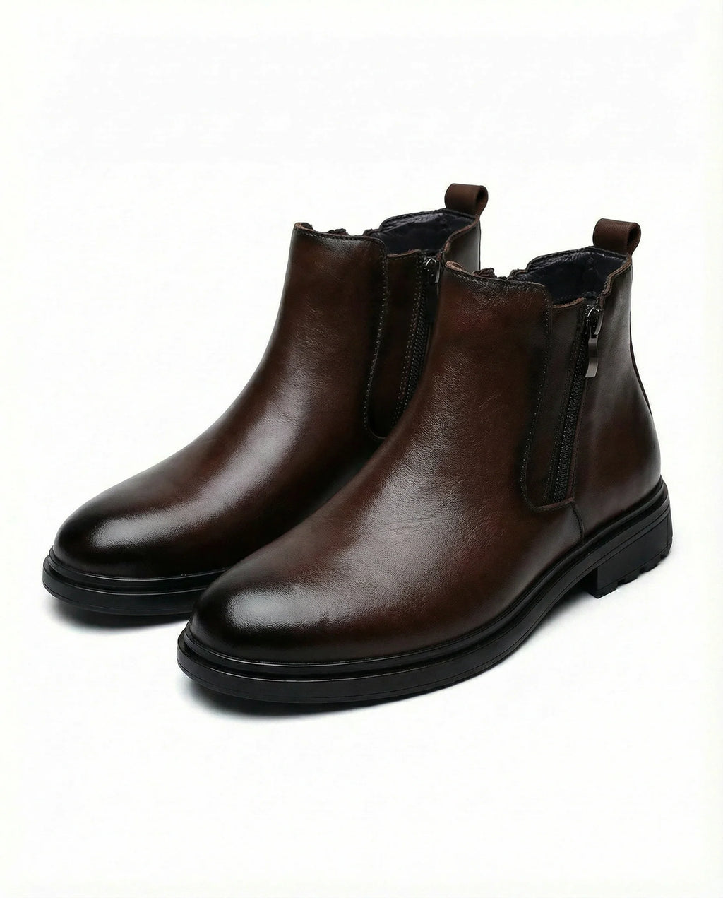 Men's dark brown Chelsea boots with round toe and side zip