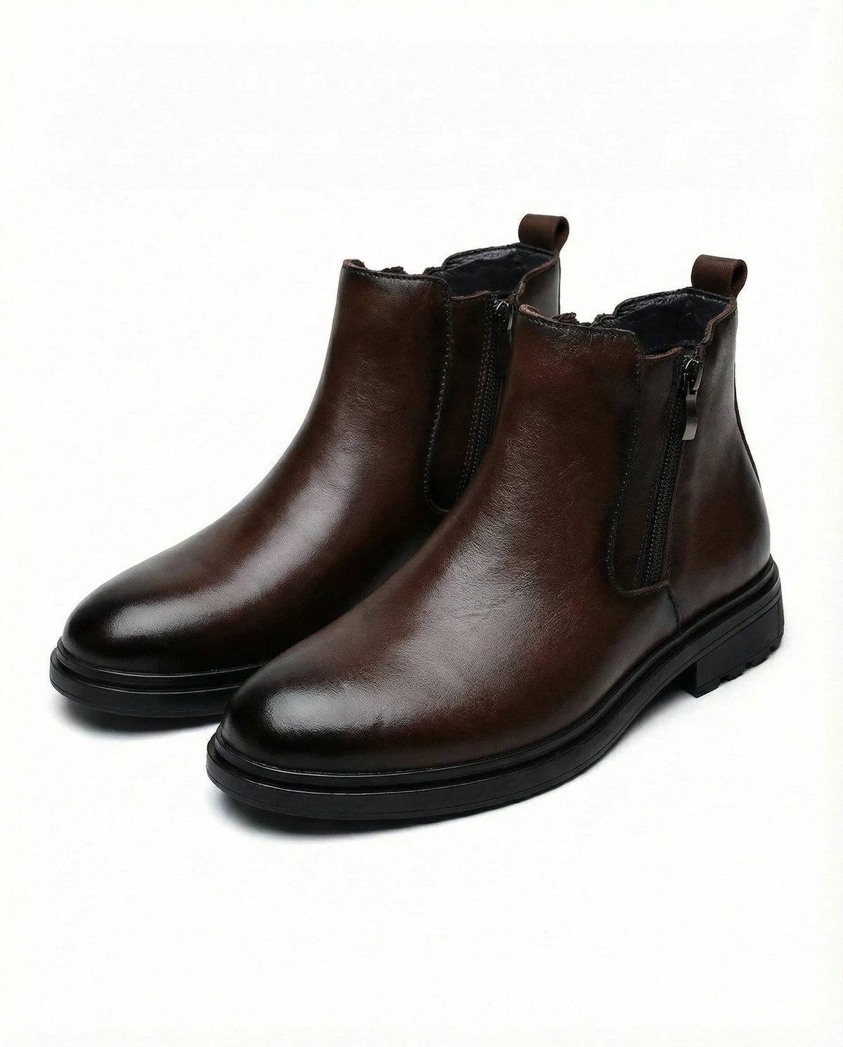 Men's dark brown Chelsea boots with round toe and side zip