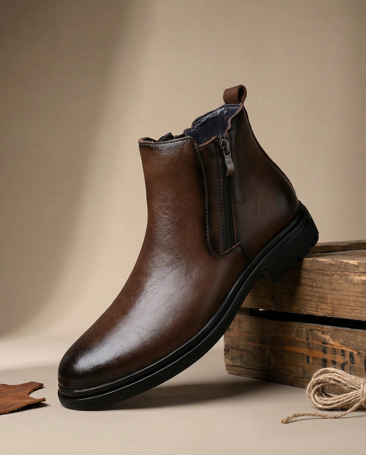 Men's dark brown Chelsea boots with round toe and side zip