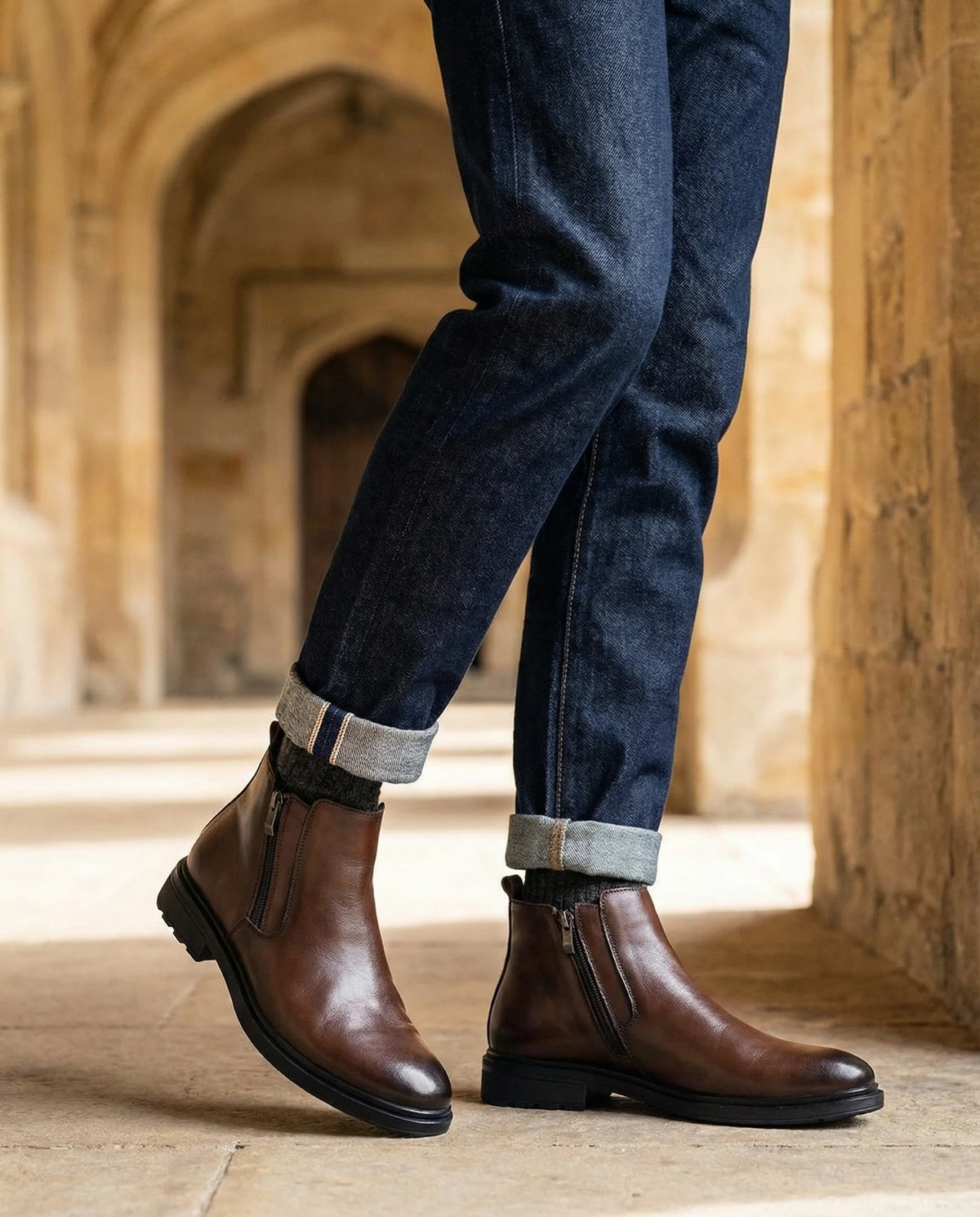 Men's black Chelsea boots with round toe and side zip