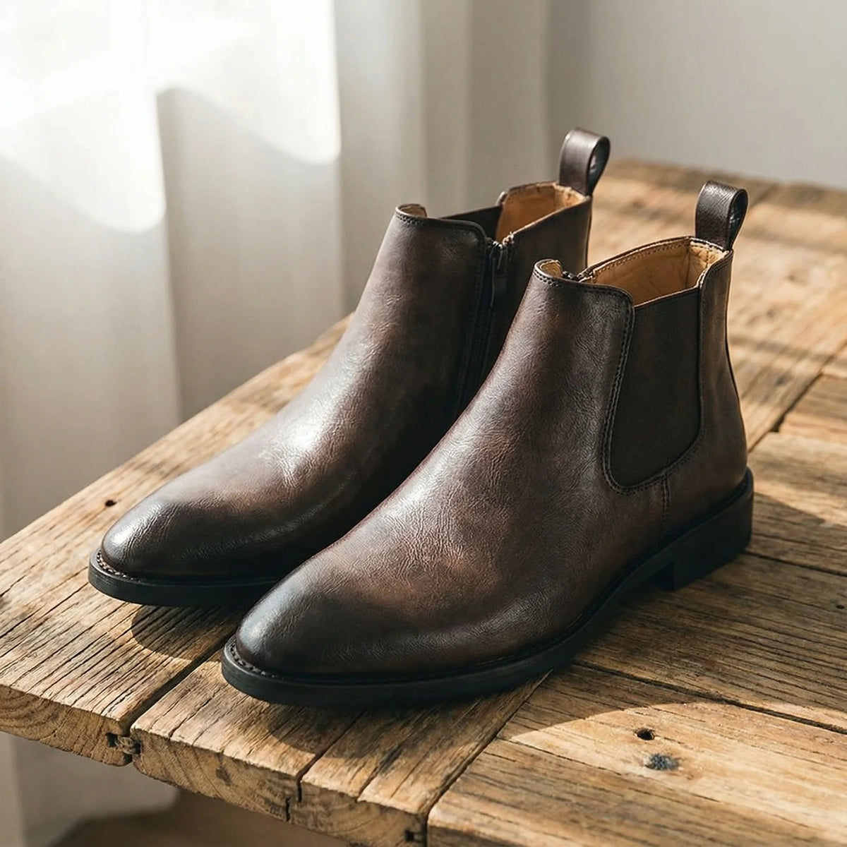 Close-up of the side zipper on the dark brown Chelsea boots