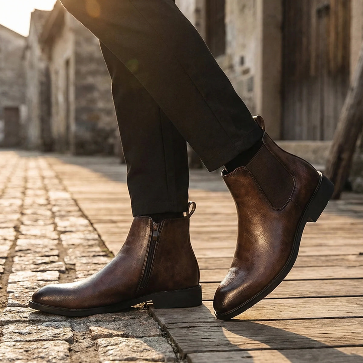 Close-up of the elastic gore panel on the brown Chelsea boots