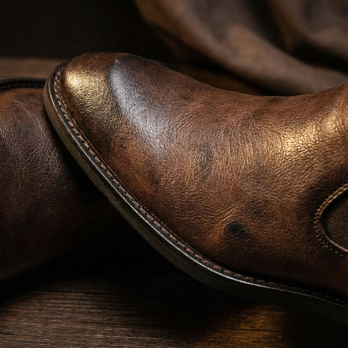 Close-up of the side zipper on the black Chelsea boots