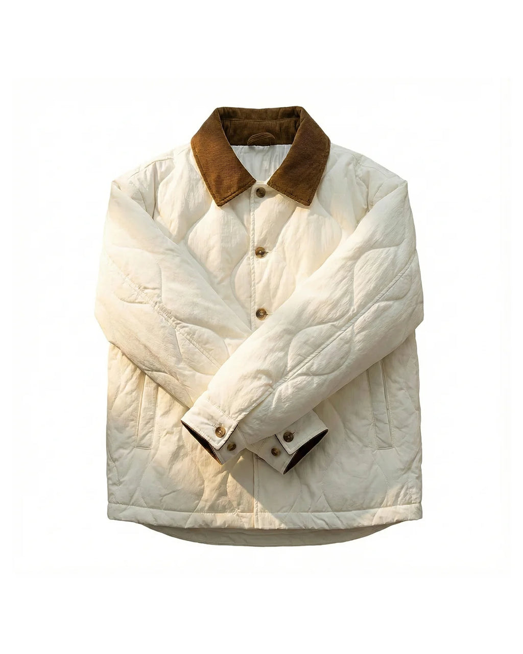 Men's quilted jacket in white with corduroy collar