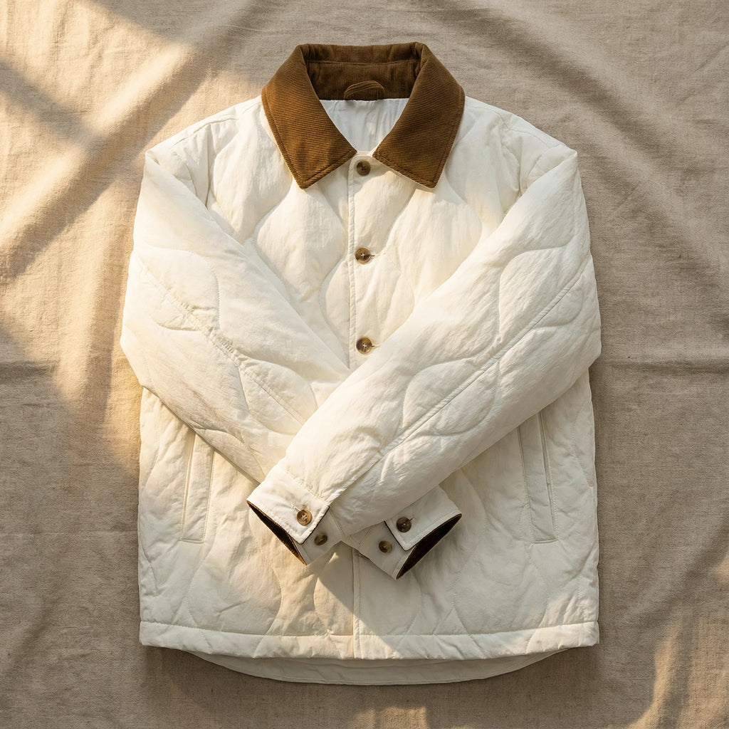 Close-up of the corduroy collar on the white quilted jacket