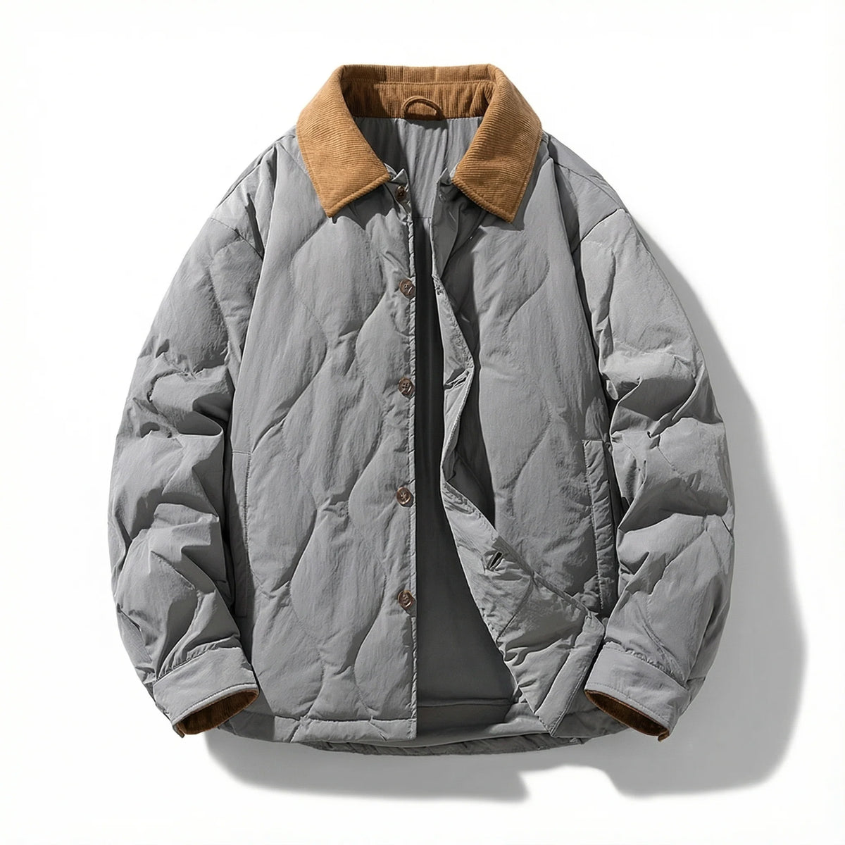Close-up of the four-button front on the men's quilted jacket