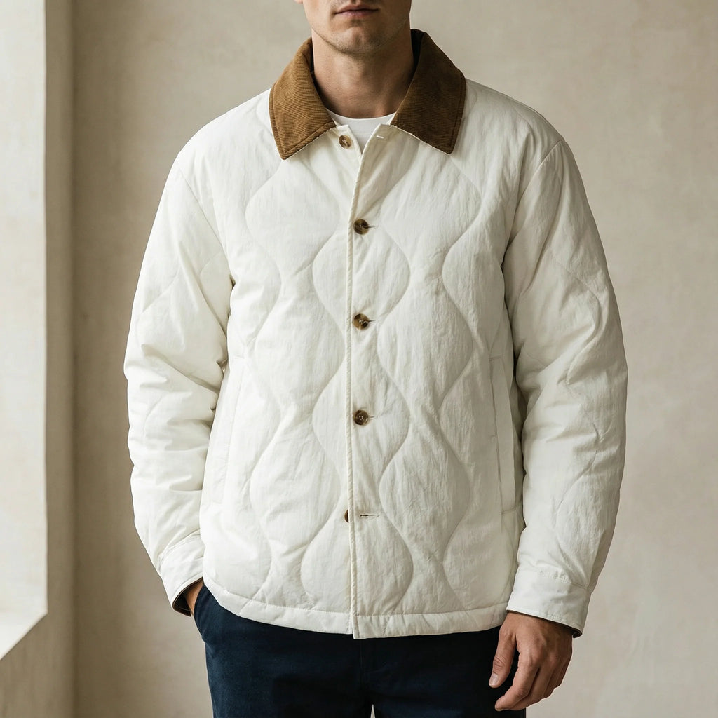 Men's quilted jacket in black with corduroy collar