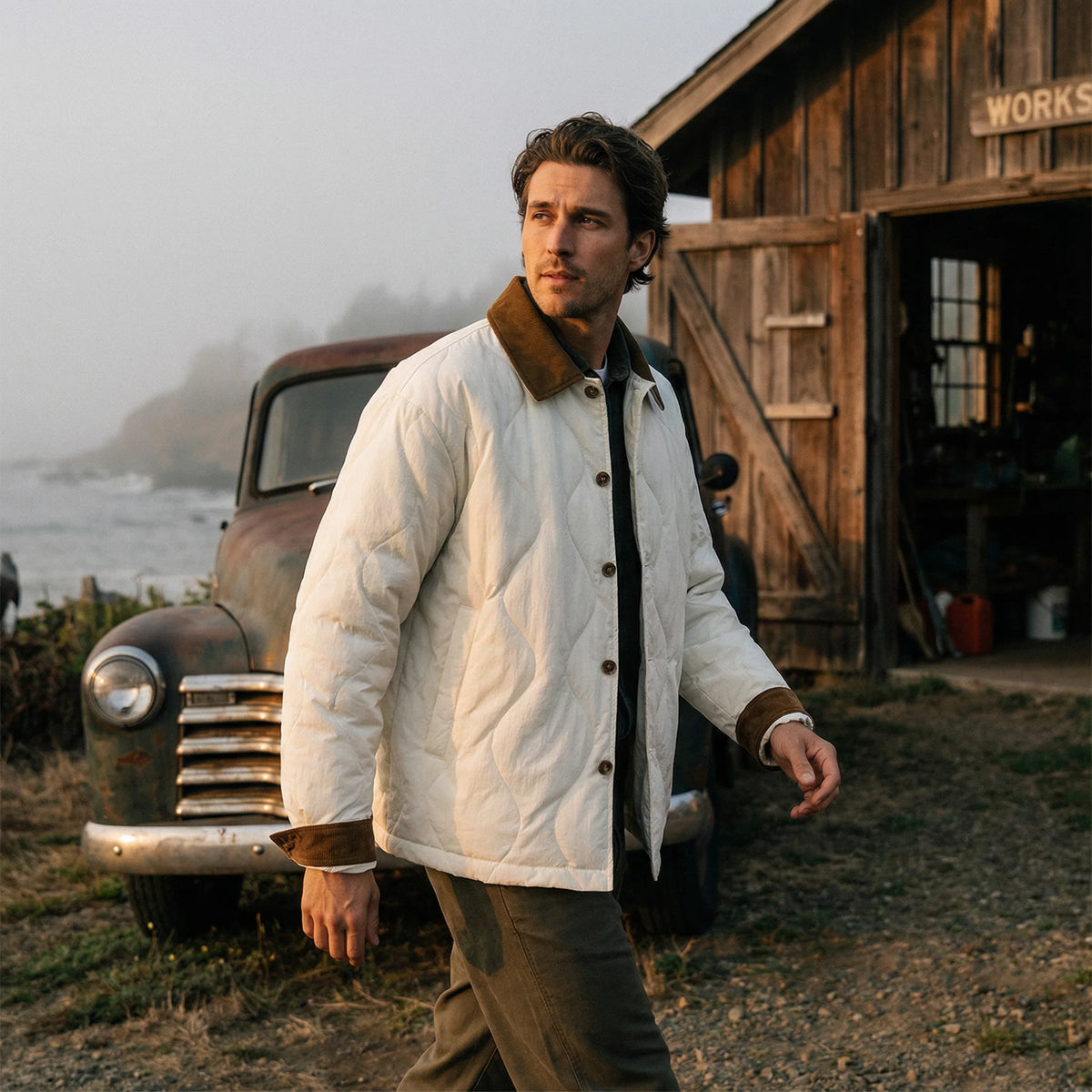 Men's quilted jacket in brown with corduroy collar