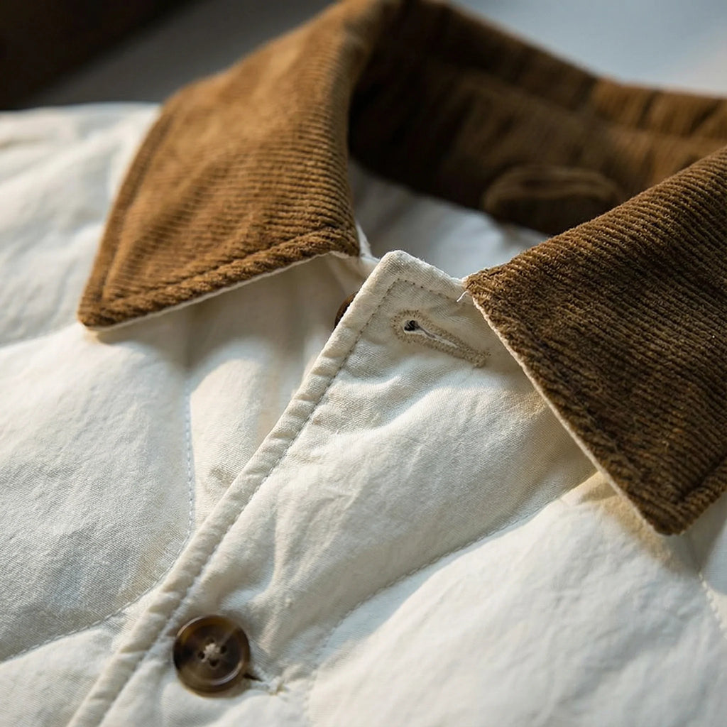 Close-up of the diamond quilting on the brown jacket