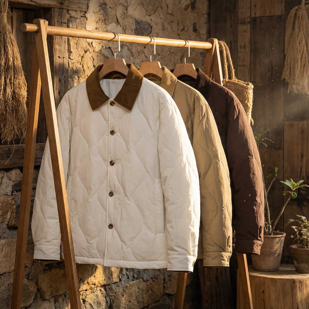 Men's quilted jacket in gray with corduroy collar