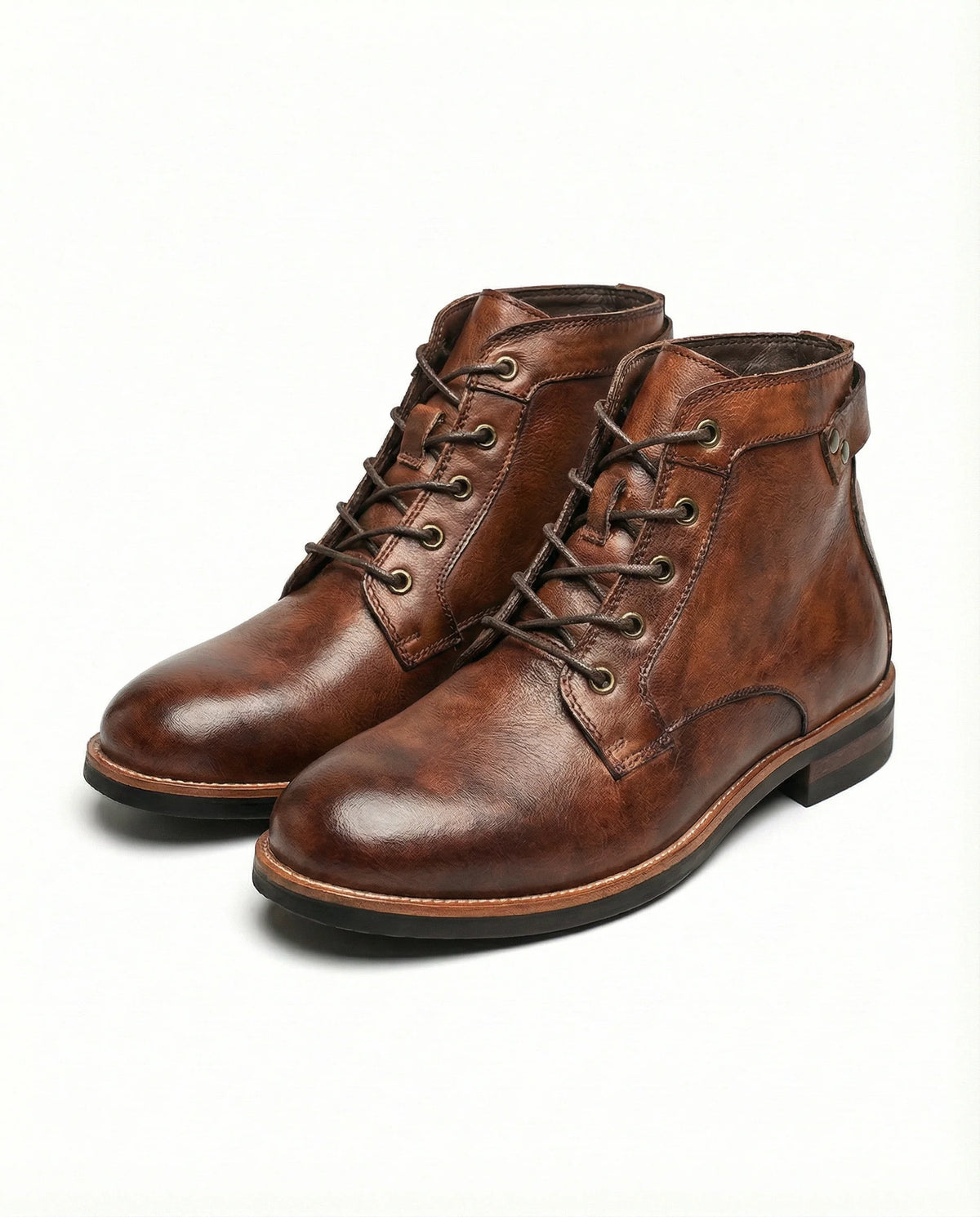 Men's leather work boots in brown with brass-eyelet lacing
