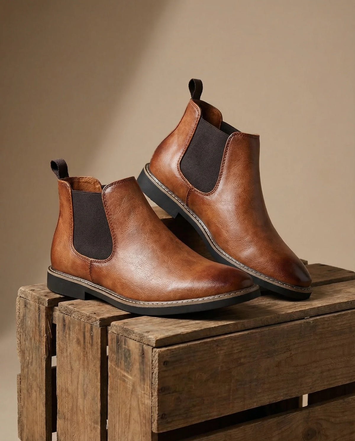 Men's burnished leather Chelsea boots in brown with contrast stitching