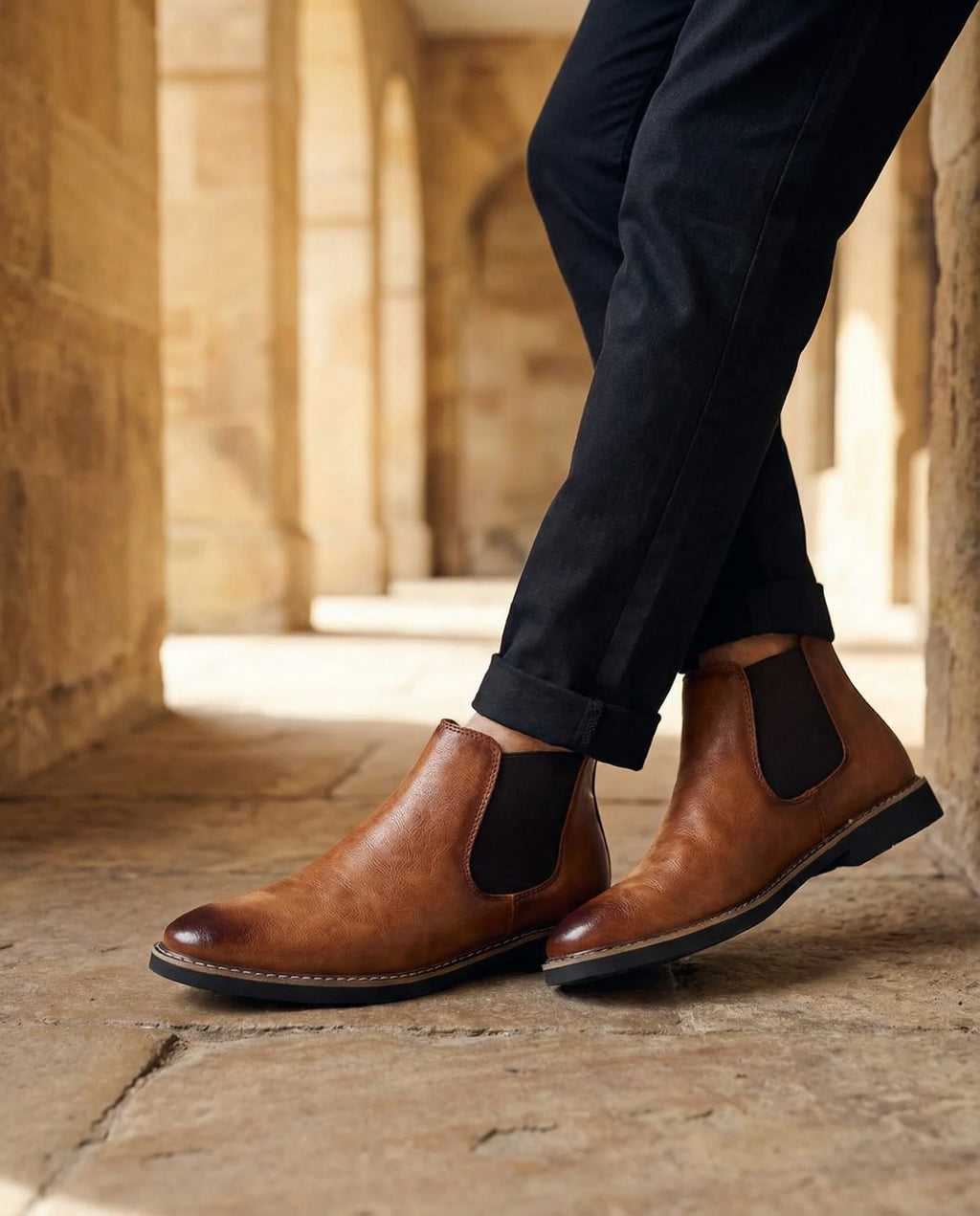 Close-up of the almond toe on the black Chelsea boots
