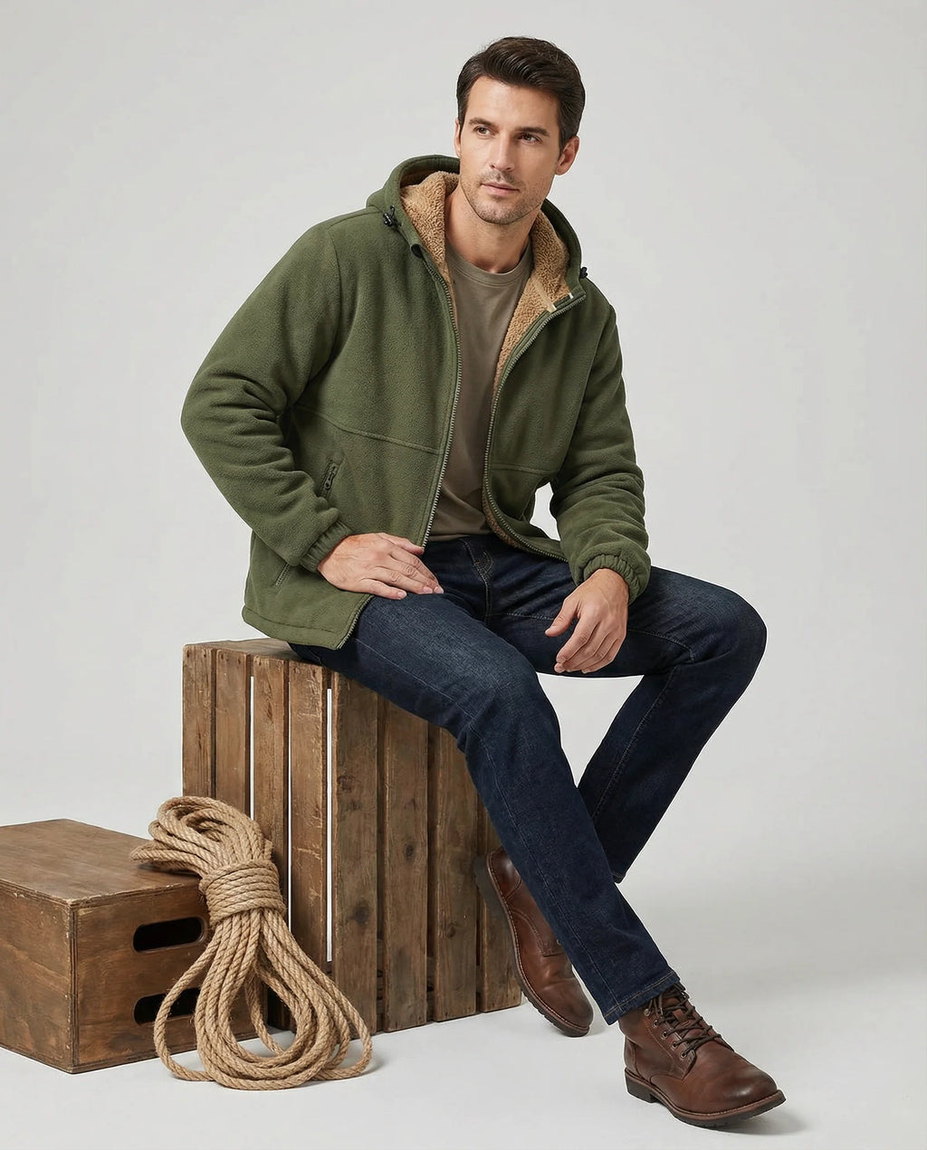 Men's Sherpa-Lined Fleece Zip Hoodie – Detail View